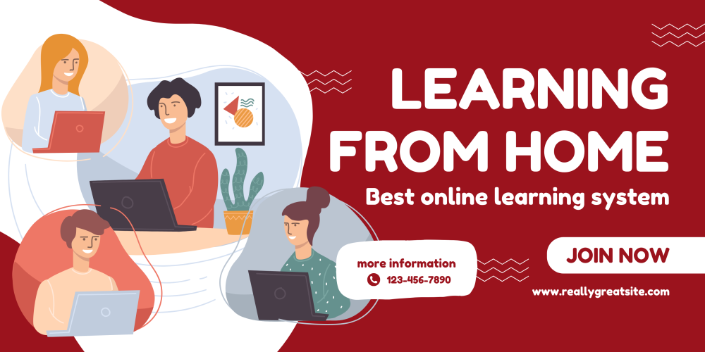 Red and White Modern Learning From Home Banner Landscape